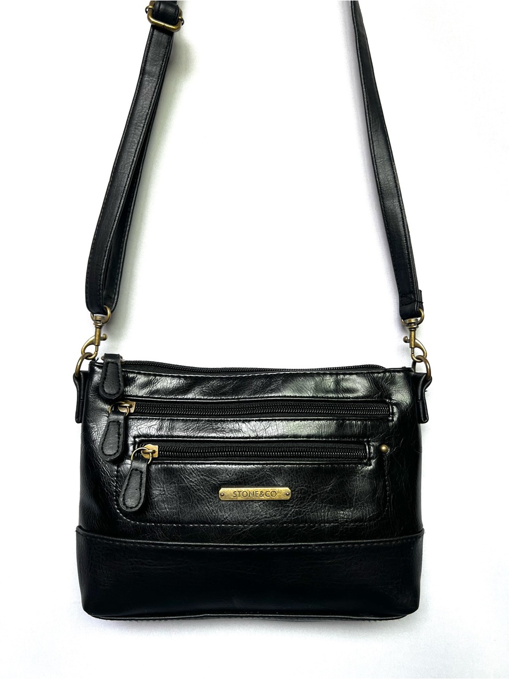 Stone & Co Black Leather Crossbody Bag Multi Zip Organizer Purse